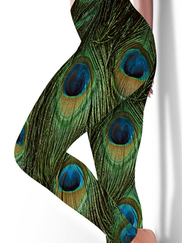 Леггинсы женские с принтом зеленых перьев, эластичные спортивные штаны с завышенной талией, с эффектом пуш-ап, из спандекса, для занятий йогой