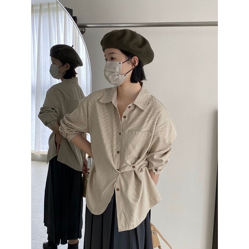 Qweek Vintage gestreiften Langarmhemd Frau übergroße Button-up-Blusen japanischen Stil Harajuku Mode Frühling lässig
