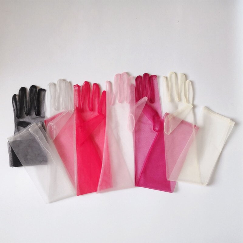 Ladies Tulle Long Sheer Gloves Wedding Elbow Gloves Full Finger Mittens Dress Gloves Ultra Thin Gloves for Wedding Party