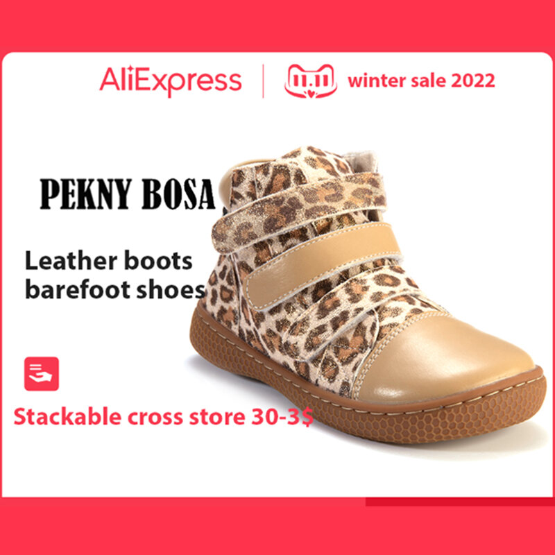 PEKNY BOSA Leopard boots kids shoes for girl ankle shoes soft bottom leather boots wide toes chid barefoot shoes for boy