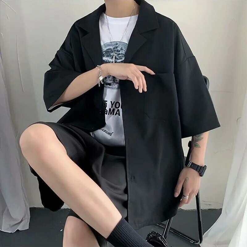 Blazer de meia manga masculino, camisa sólida de botão e shorts de manga curta, moda coreana, bonito conjunto de roupas de 2 peças