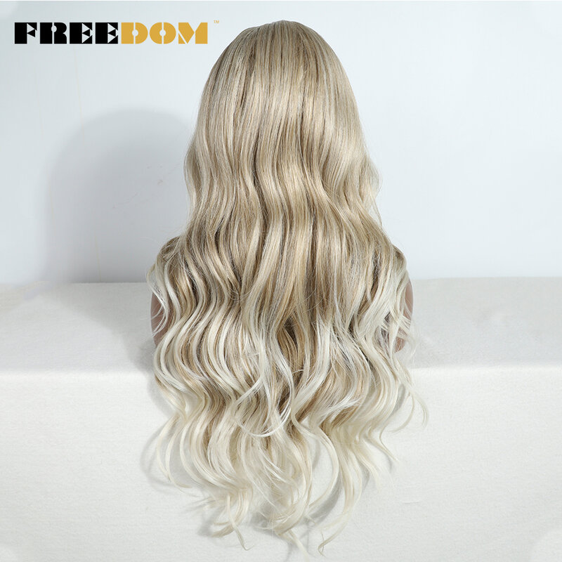 LIBERDADE-Body Wave Synthetic Lace Front perucas para mulheres, ombre, marrom, loiro, destaque, resistente ao calor, peruca cosplay, 30 "longo
