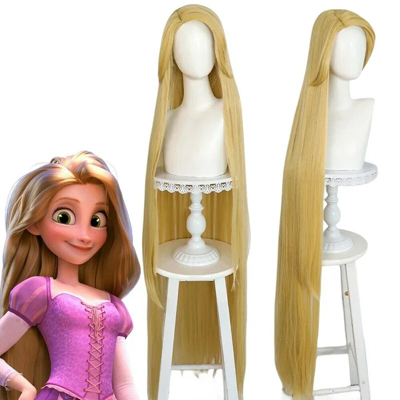 Film baru Wig Cosplay Putri Rapunzel Tangled Wig anak perempuan pirang panjang lurus tahan panas Wig rambut sintetis gaun pesta topeng