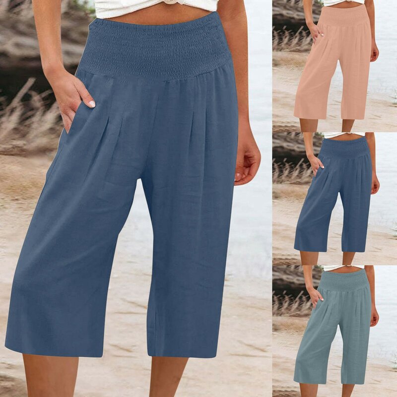 Pantalones largos de lino y algodón para mujer, pantalón holgado de cintura alta, fruncido, de pierna ancha con bolsillo, para la playa, primavera y verano