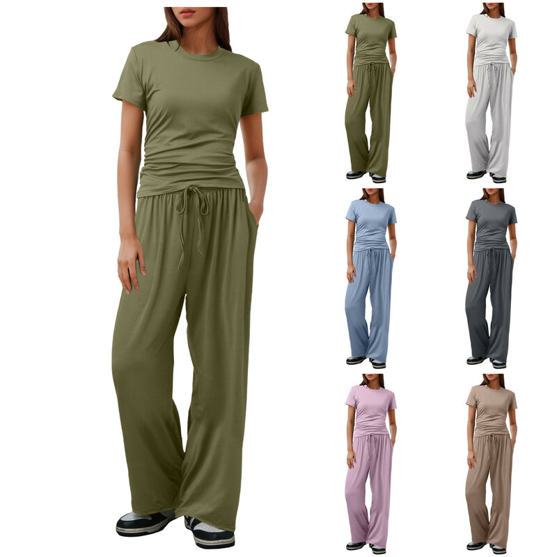 Summer 2024 Women Holiday Casual Pant Set Short Sleeve Tops High Waisted Wide Leg Pants Solid Outfits 2-Piece Set Matching Set
