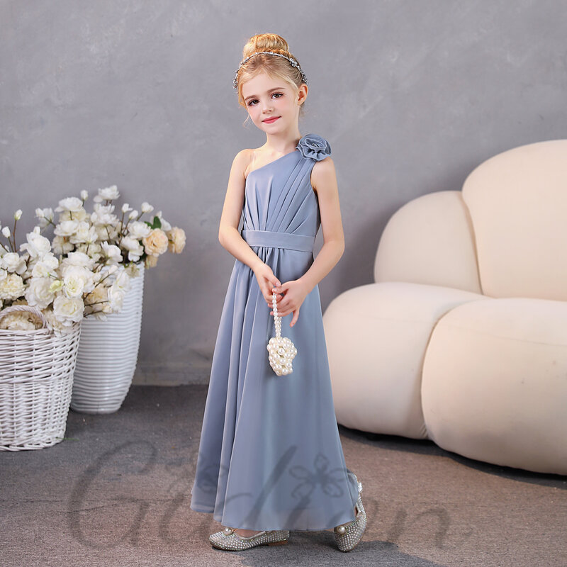 Dziecięca szyfonowa sukienka dla druhny na jedno ramię z szyfonu na imprezę urodzinową