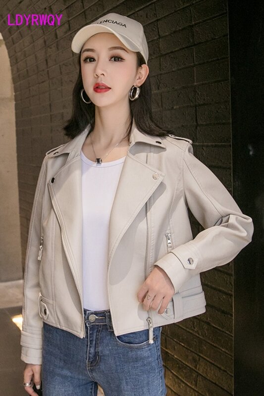 เสื้อโค้ทหนังผู้หญิง2023สั้นใหม่เข้ารูปแบบเกาหลีแจ็กเก็ตหนังขี่มอเตอร์ไซค์