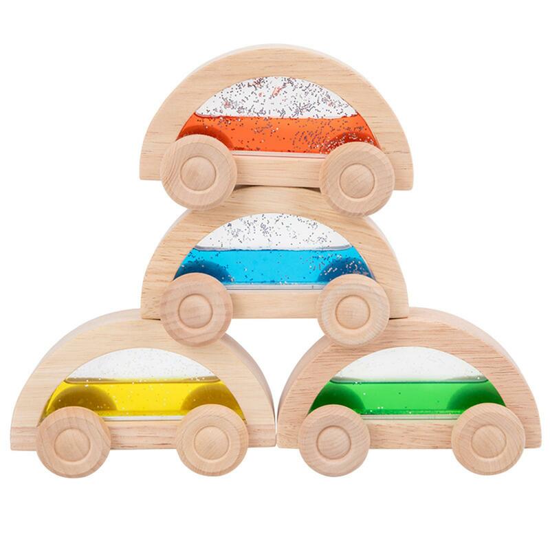 Juego de coches de colores para bebés, juguete sensorial de 4 piezas, de madera, para preescolar, vacaciones, fiesta de cumpleaños