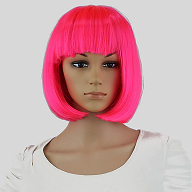 HAIRJOY Wig sintetik tanpa topi, Wig BOB lurus pendek Pink ringan dengan poni penuh