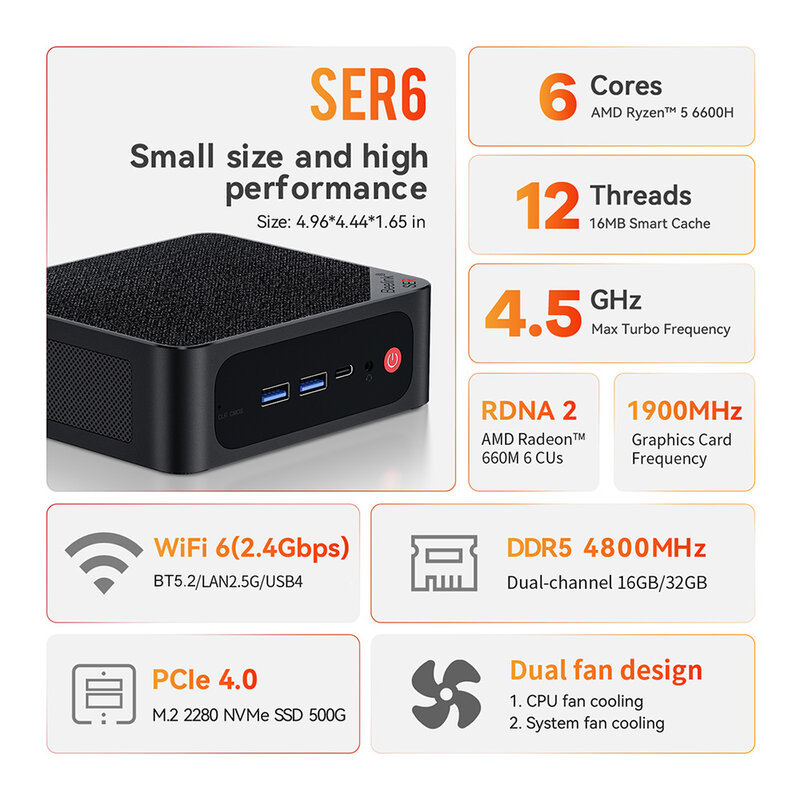 Beelink Ser6 Mini Pc Win 11 Pro Amd Ryzen 5 6600H 6800H Rdna2 Ddr5 16Gb Ssd 500Gb Nvme Wifi6 Lan 2.5G Pcie4.0 Bureaucomputer