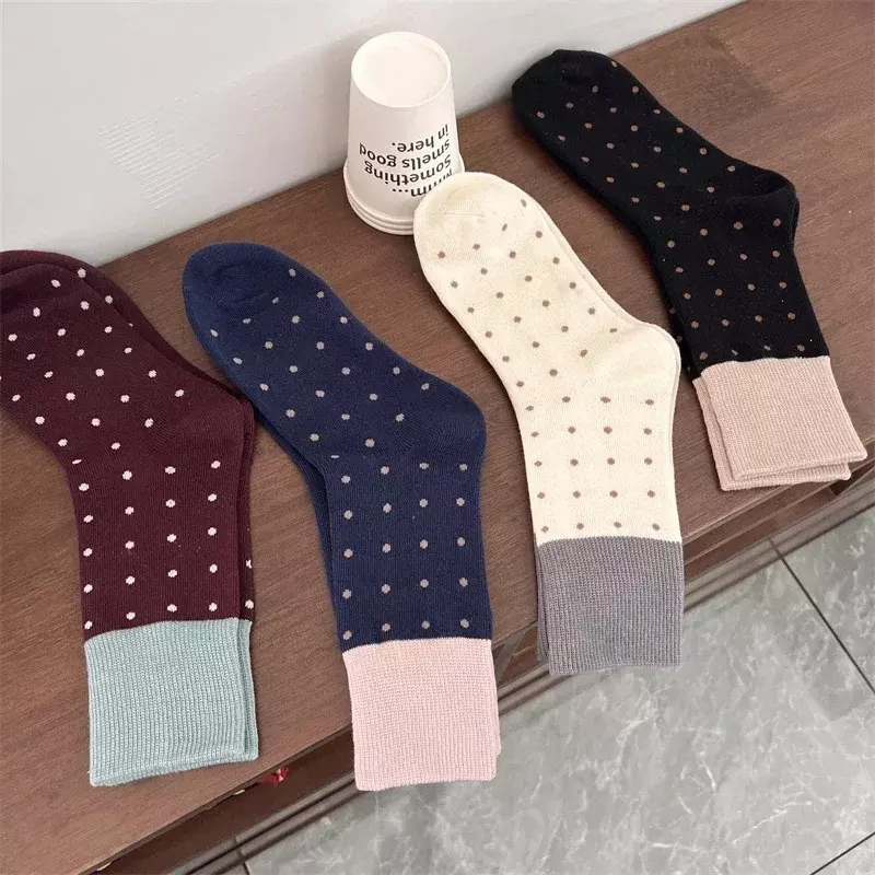 4 Pairs Women Socks Cotton New Mixed-Color Fashion Japanese Style Loose Socks Retro Dots Casual Ladies Crew Socks Absorb Sweat