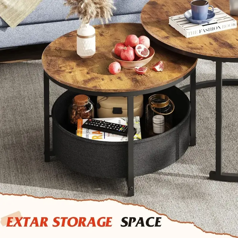 リビングルーム用の丸いコーヒーテーブル、小さなスペース用の収納付きの小さな円のテーブル、金属フレーム、2個セット、32インチ
