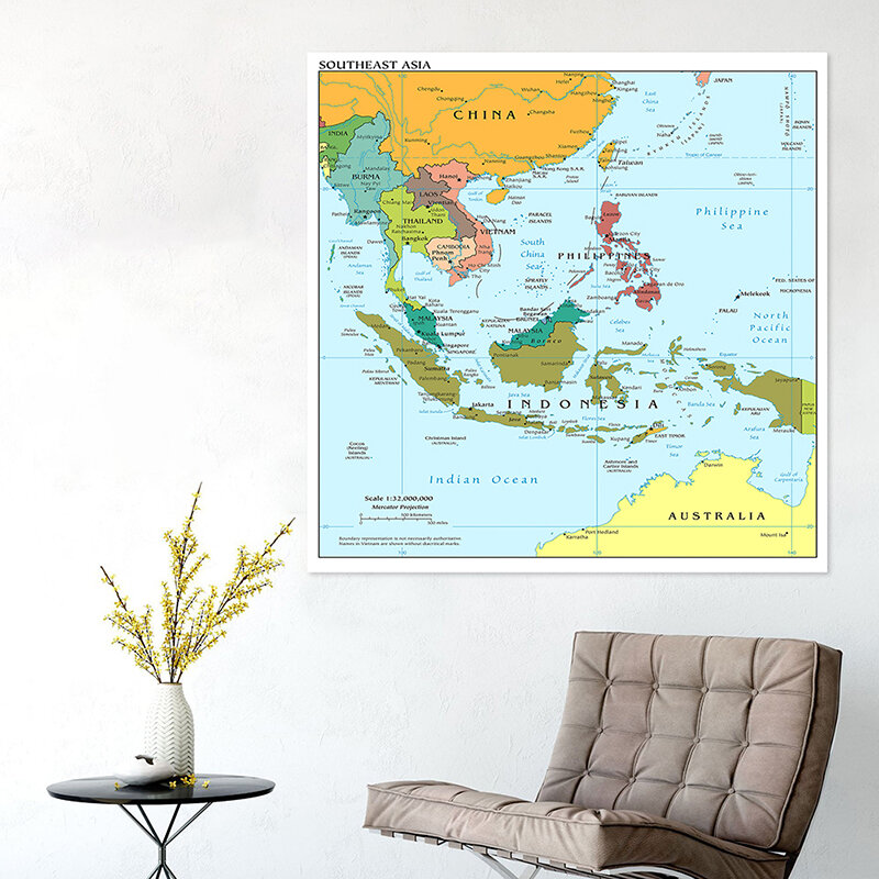 150*150cm Die Südostasien Karte In Englisch Politische Verteilung Karte Leinwand Malerei Wand Kunst Poster und Druck hause Dekoration