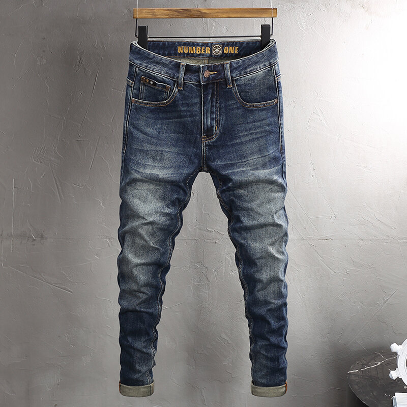 Calça jeans azul retro lavada masculina, elástica, elástica, justa, rasgada, vintage, casual, jeans, de alta qualidade, estilista