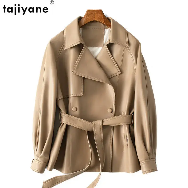 Tajiyane Veste en cuir 100% véritable pour femme, manteau en peau de mouton véritable, vestes en cuir minces chics, à lacets élégants, haute qualité