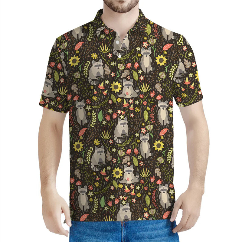 귀여운 너구리 폴로 셔츠 남성용, 느슨한 반팔, 3D 프린트 동물 단추 폴로 셔츠, 키즈 상의, 여름 캐주얼 라펠 티셔츠