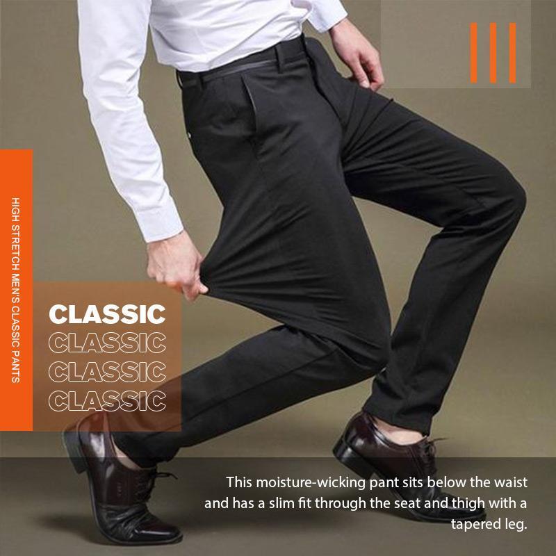 Celana setelan klasik pria, celana panjang regang tinggi, celana bisnis santai untuk pria