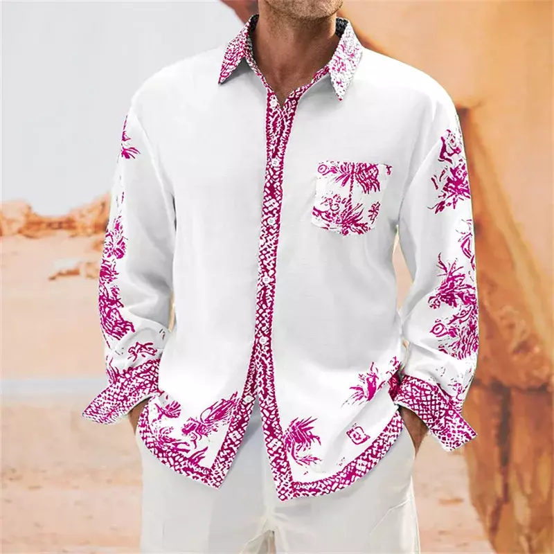 남성용 스플라이싱 패턴 셔츠, 단색 핑크 블루, 편안하고 부드러운 새로운 패턴, 캐주얼 야외 비치 탑 포켓 셔츠