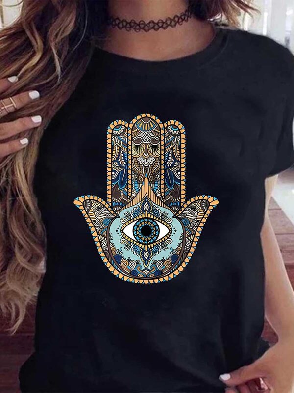 Camiseta con estampado de ojo de mano de Hamasa de talla grande LW, camiseta informal de verano para mujer, camiseta de manga corta con estampado geométrico, camiseta gráfica de moda