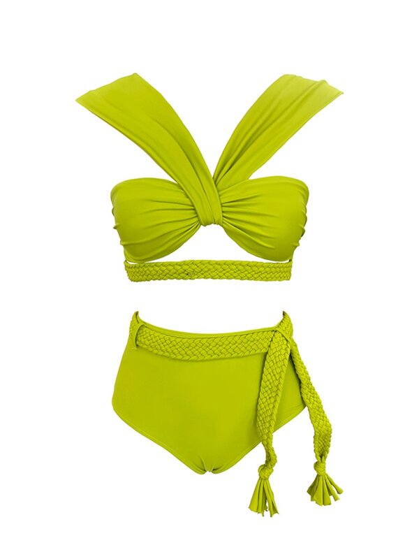 Traje de baño verde para mujer, 2 piezas, Top + ropa interior para vacaciones en la playa, Color sólido, Sexy, sin mangas