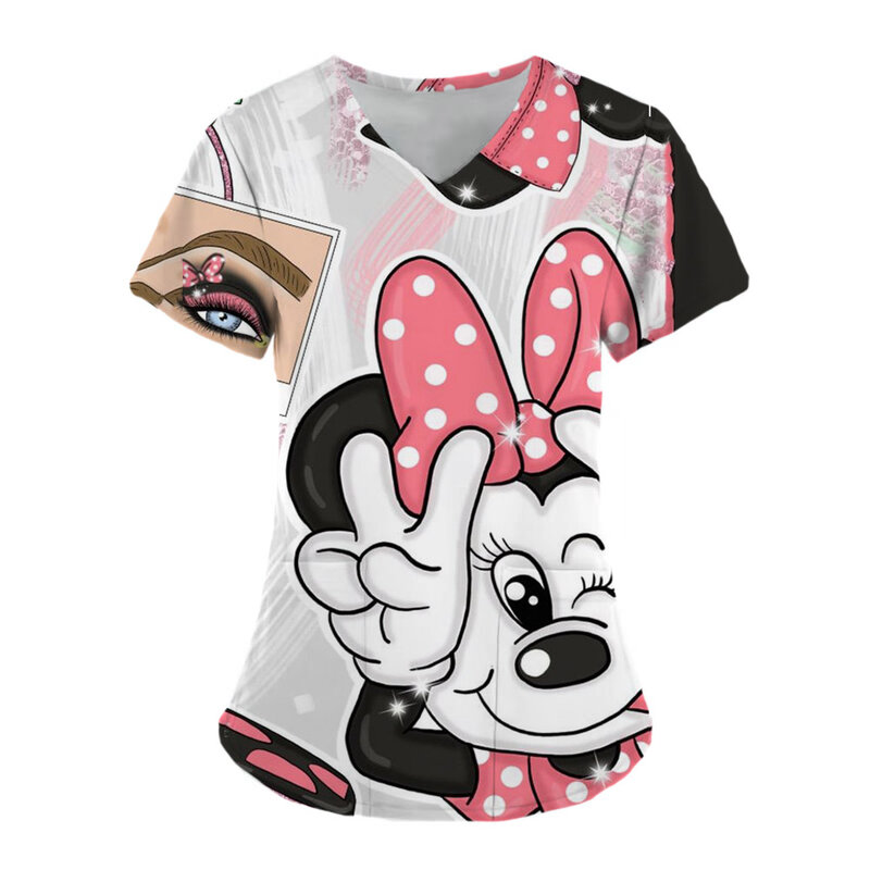 Топы с Минни Маусом Женская одежда с карманами летняя футболка футболки с Микки Маусом для больницы униформа для медсестры Disney женский топ 2023 футболки с V-образным вырезом
