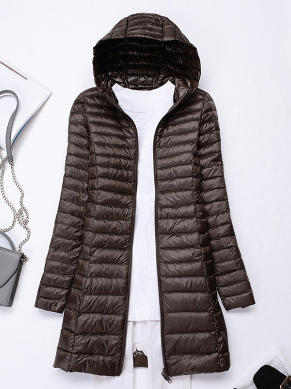 한국 스타일 여성 초경량 다운 재킷, 2023 가을 겨울 후드 슬림 깃털 코트, 여성 퍼퍼 파카, 여성 오버코트, 신상
