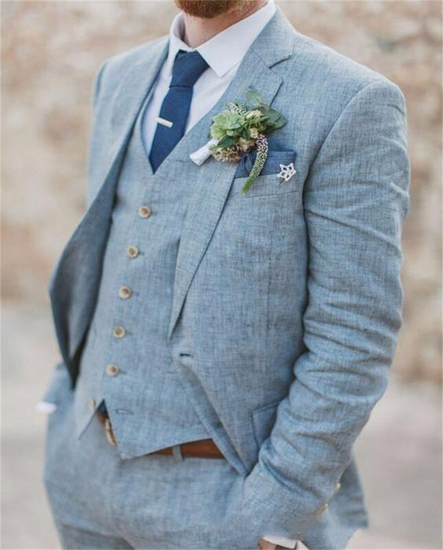 Costume de mariage en lin bleu clair sur mesure pour homme, 3 pièces, Tuxedos, veste, pantalon et gilet