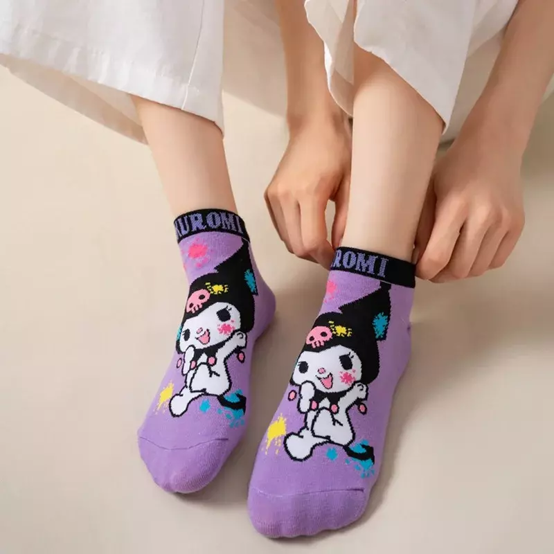 1 Paar Cartoon Kuromi Bedrukte Korte Sokken Voor Meisjes Volwassen Sokken Lente Herfst Nieuwe Schattige Paarse Korte Sok Katoenen Sokken Boot Sok