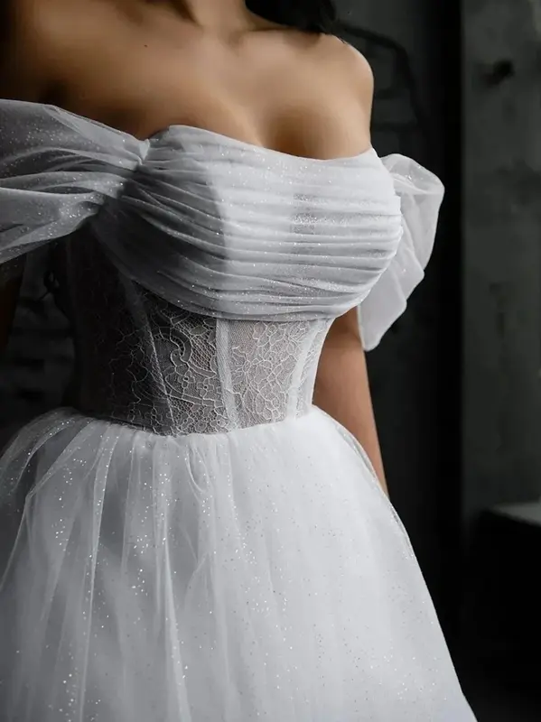 Elegante abito da sposa corto lunghezza tè Sexy senza spalline halter sotto la spalla decalcomania abito da festa nuziale Hall De Novia custom