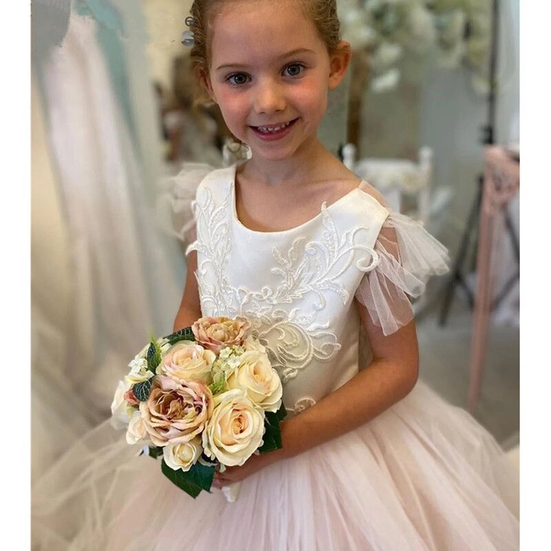Sukienki dla dziewczynek z kwiatami szampana dla dziewczynek koronkowe aplikacje ślub księżniczki przyjęcie gościnne suknie świąteczne dla dzieci od 3 do 9 lat