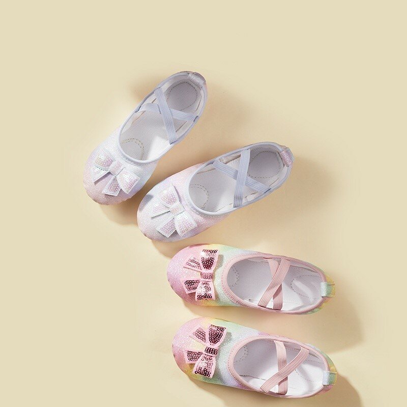 Nowy cekinowy kokardka baletki dzieci miękkie podeszwy darmowe buty do tańca związywane dla dorosłych buty treningowe Gradient taniec pantofel girls