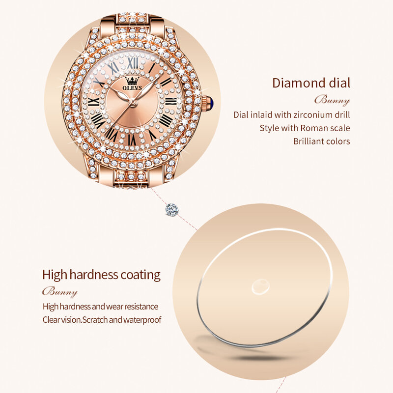 OLEVS jam tangan baja tahan karat wanita, arloji berlian asli Quartz tahan air untuk perempuan