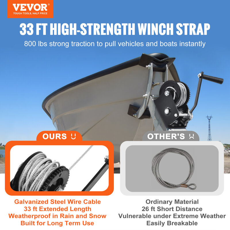 VEVOR-cabrestante manual de freno con cuerda de acero de 33 pies, cabrestante manual de elevación de tracción para ATVs, barcos y remolques, 800 lbs/3500 LBS de capacidad