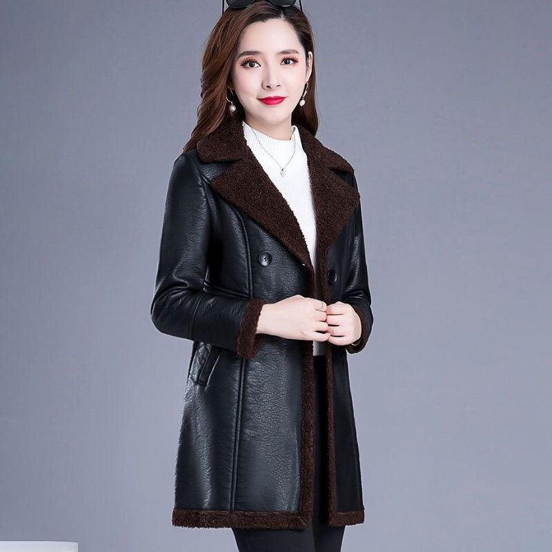 2024 jesienno-zimowa kurtka elegancka skóra damska kurtka moda długa Oversize 6XL Plus aksamitne futro ciepła, Slim jedno płaszcze