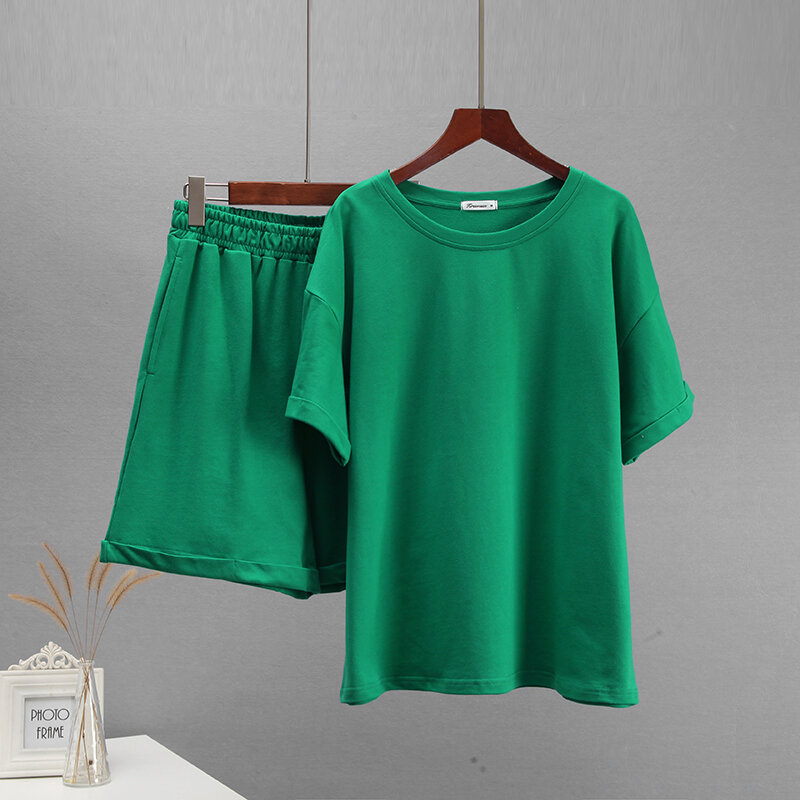 Hirsionsan-Conjunto de dos piezas de algodón para mujer, camiseta de manga corta y pantalones cortos de cintura alta, chándal informal, Verano