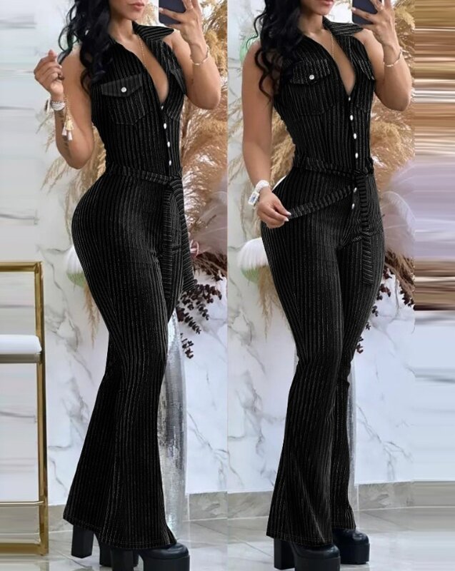 2023 New Casual Commuting Fashion Skinny Button Tied Detail Sexy Velvet Turn Down Collar Sleeveless Flared Jumpsuit for Women