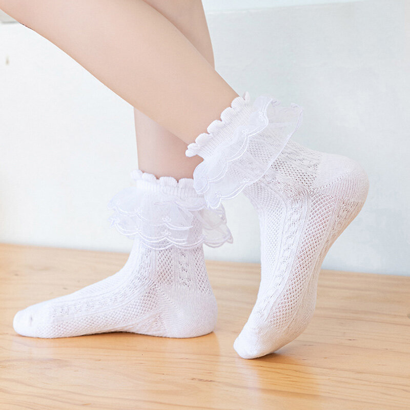 Lolita neonate calzini con volant volant nero bianco Kawaii bambini danza principessa calzini alla caviglia in pizzo di cotone carino calze 1-15 anni