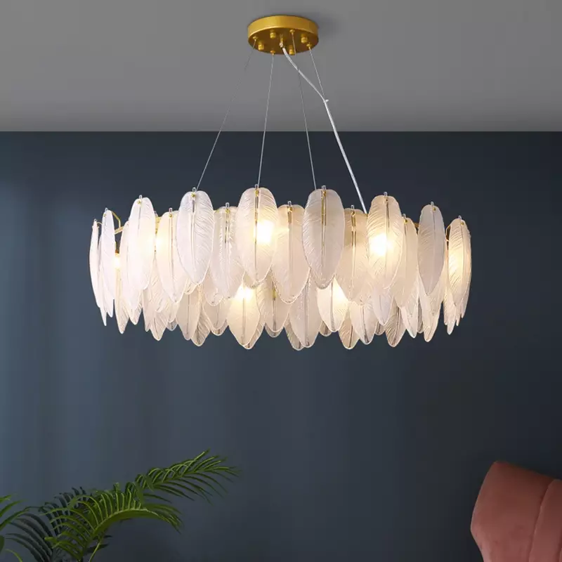 Moderne LED Feder Glas Kristall Decke Kronleuchter Wohnzimmer Esszimmer Pendent Lampe Wohnkultur Hängen Licht Glanz Leuchten