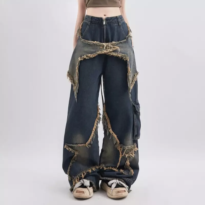 Jeans jeans vintage feminino, streetwear coreano, estético estrela grande, calça reta, perna larga, calças grunge, roupas, Y2K