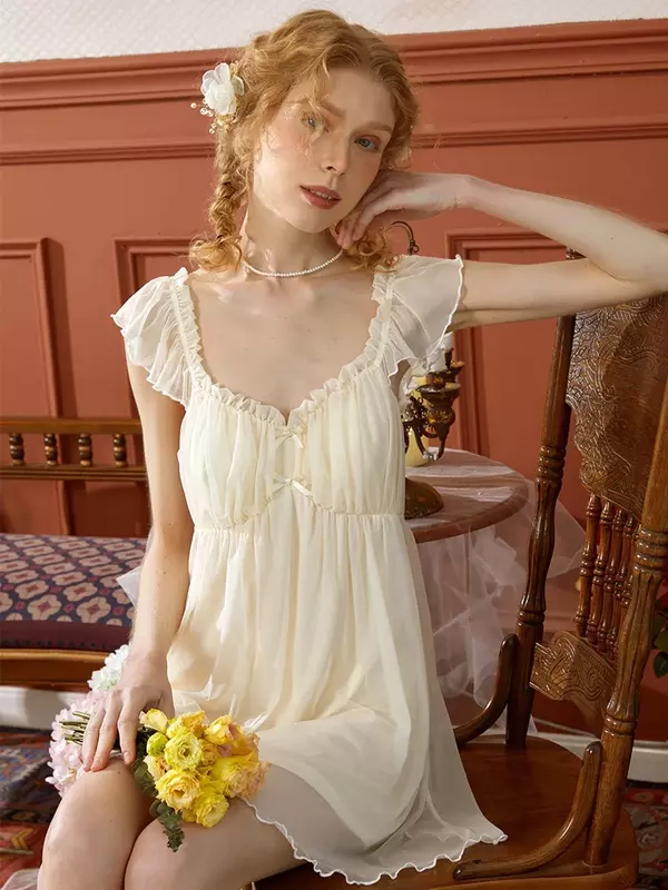 Gaun tidur putri antik Perancis wanita pakaian tidur musim panas Modal tanpa lengan Camisola gaun malam peri ruffle Victorian gaun malam