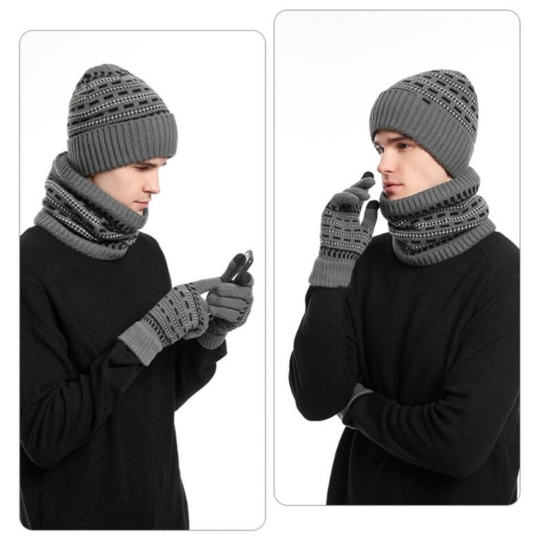3 pçs chapéu inverno luvas pescoço gaiter conjunto mais quente malha jacquard padrão chapéu para esqui n7yd