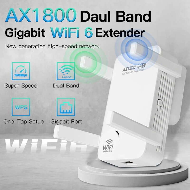 와이파이 6 무선 리피터, 듀얼 밴드 와이파이 확장기, 장거리 와이파이 신호 부스터, 802.11ax 기가비트 WAN/LAN 포트, 1800Mbps 2.4 및 5 Ghz
