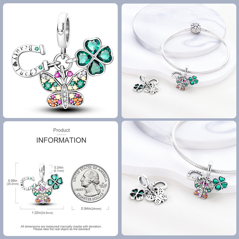 Lucky Four Leaf Clover Série 925 Sterling Silver Pendant Beads, Pulseira Pandora Original, DIY jóias, moda, adequado