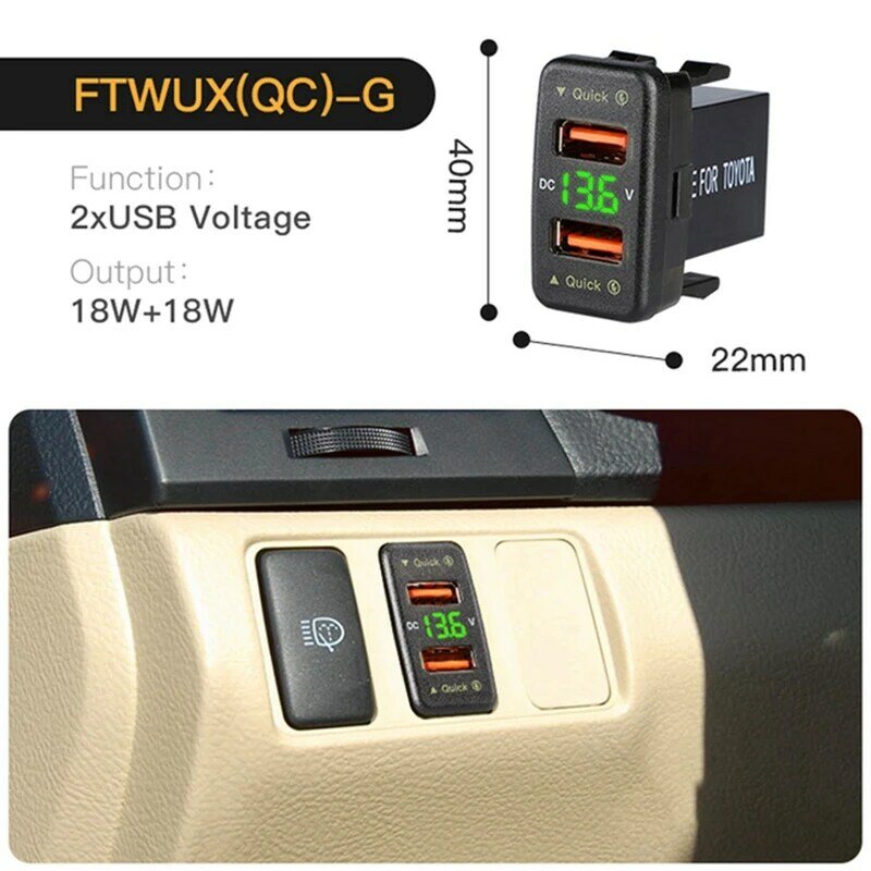 Carregador de carro rápido para Toyota, telefone móvel impermeável, Dual USB, QC3.0, 2X, 36W, tensão verde