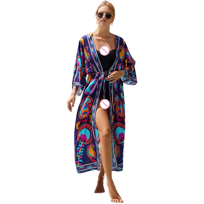 Womens Bikini Cover Ups Beach Kimono Casual Printed Long Dress Swimsuits Coverup Bohemia Long Cardigan Caftan Swimwear 55KD