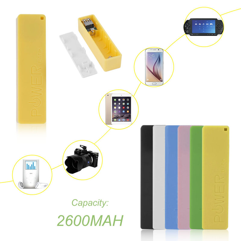 ポータブル外部バックアップバッテリー,スマートフォン用パワーバンク,サイズ1x18650, 2600mAh