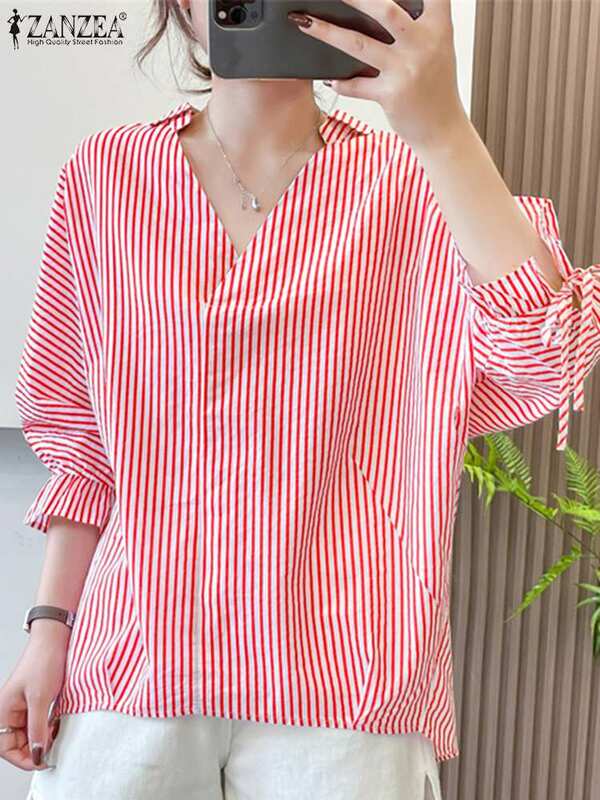 ZANZEA Women Stripe Print 3/4 Sleeve Shirt Casual Loose Thin Blouse 2024 Summer V-neck Tops Vintage Office Bandage Cuff Blusas