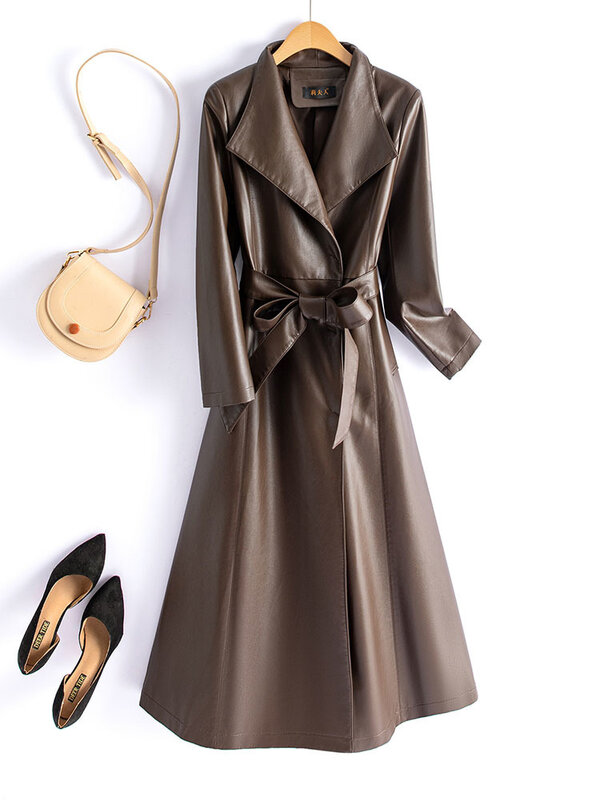 Plus Size M-5XL PU Leather Long Trench Coat For Women Autumn Winter Turn Down Collar Sheepskin Jacket With Belt  가죽자켓