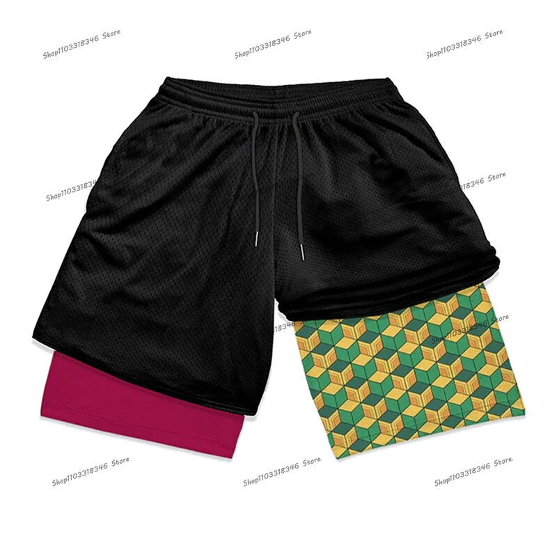 Pantalones cortos ajustados 2 en 1 para hombre, Shorts de entrenamiento para gimnasio, correr, baloncesto, deportes, secado rápido, Y2k, elementos de Anime japonés