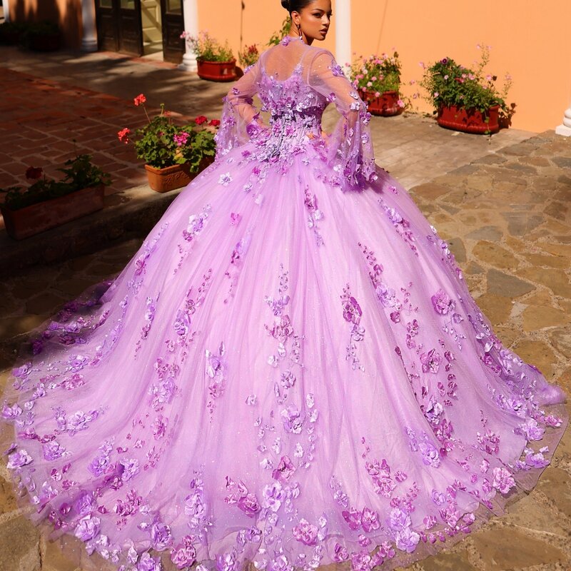 Vestido de baile Quinceanera de lantejoulas roxas pérolas, Apliques elegantes, Vestidos de baile 3D, Luxo Long Sweet 16 Dress